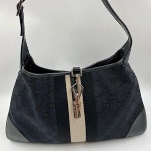 GUCCI Jackie GG Canvas Web Stripe Shoulder Bag Black Leather Vintage Authentic